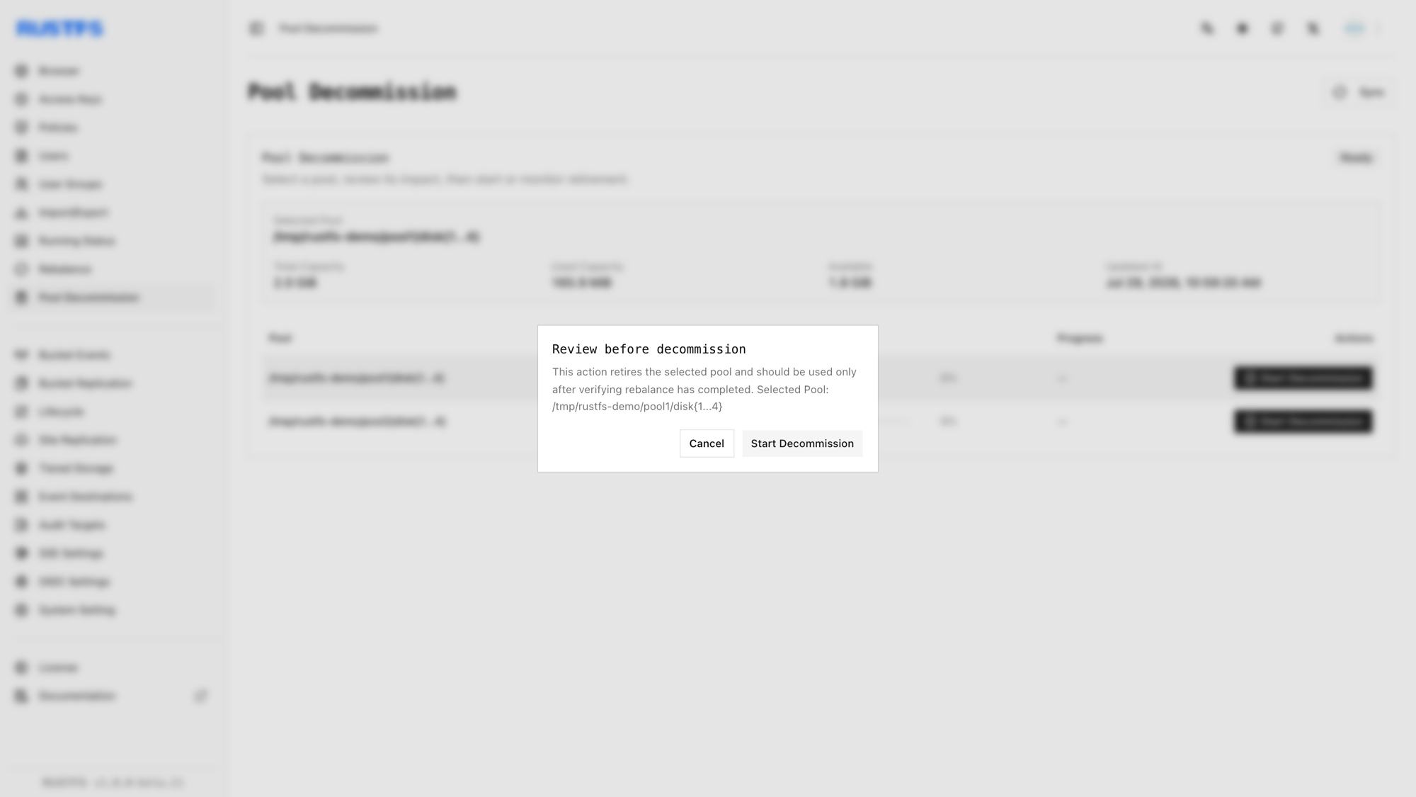 RustFS Console showing the pool decommission confirmation dialog